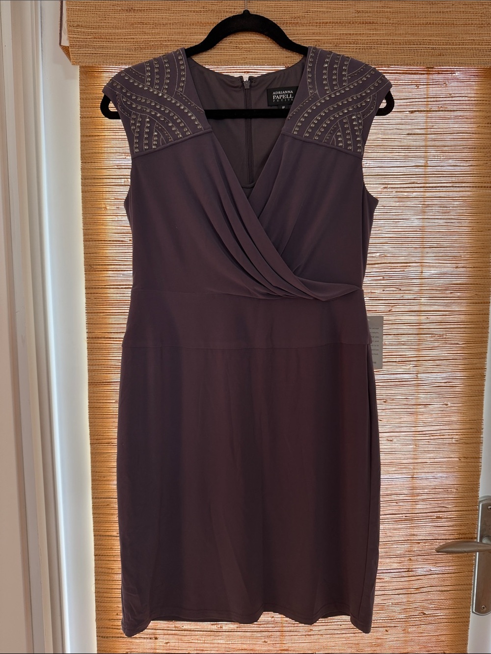 Adrianna Papell Grey Embellished Shoulder Sheath Dress